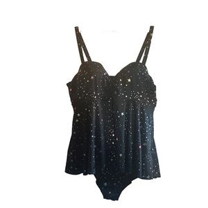 Torrid Swimsuit Dress Black Rainbow Metallic Star Skirt Plus Size 4 4X 26 D DD